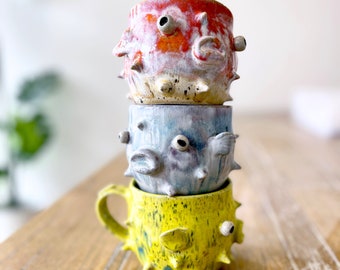 Pufferfish mug w/ handle. Handmade ceramic cup. Funny face fish art. Spiky blowfish cup for ocean lovers, animal lovers. Unique artisan mug