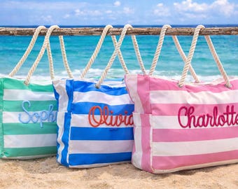 Borsa da spiaggia a righe personalizzata, borsa da crociera con scritta in ciniglia, accessorio per le vacanze, borsa da viaggio per ragazze con ricamo 3D
