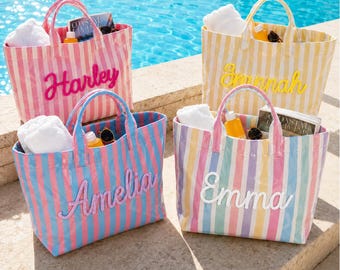 Cabas de plage rayé personnalisé, sac de plage surdimensionné personnalisé, cadeau vacances de printemps, cabas de voyage rayé, cabas de vacances personnalisés pour femme