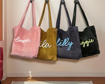 Custom Chenille Name Corduroy Tote Bag – Personalized Gift for Her