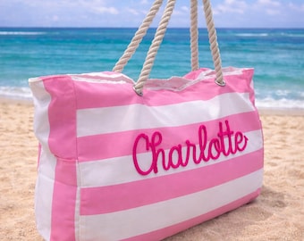 Bolso de playa personalizado a rayas, bolso de playa extragrande personalizado, regalo para las vacaciones de primavera, bolso de viaje a rayas, bolsos de vacaciones personalizados para mujer