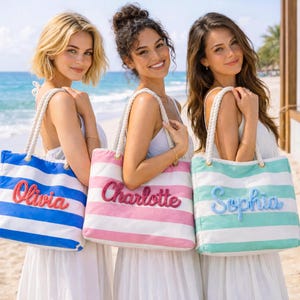 Custom Beach Bag with Zipper, Personalized Chenille Name Waterproof Pool Tote, 3D Yarn Embroidery Bag, Large Striped Beach Tote Waterproof