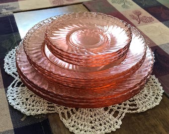 Arcoroc Roseline Pink Swirl 12 Piece Set - Lunch, Salad, and Saucer Plates