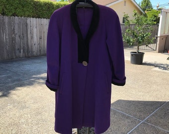 1980s Purple Wool Swing Coat with Black Trim, Women’s size 12