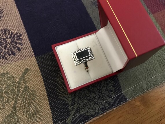 Black Onyx Rectangular Silver Ring size 8 1/4 - image 2