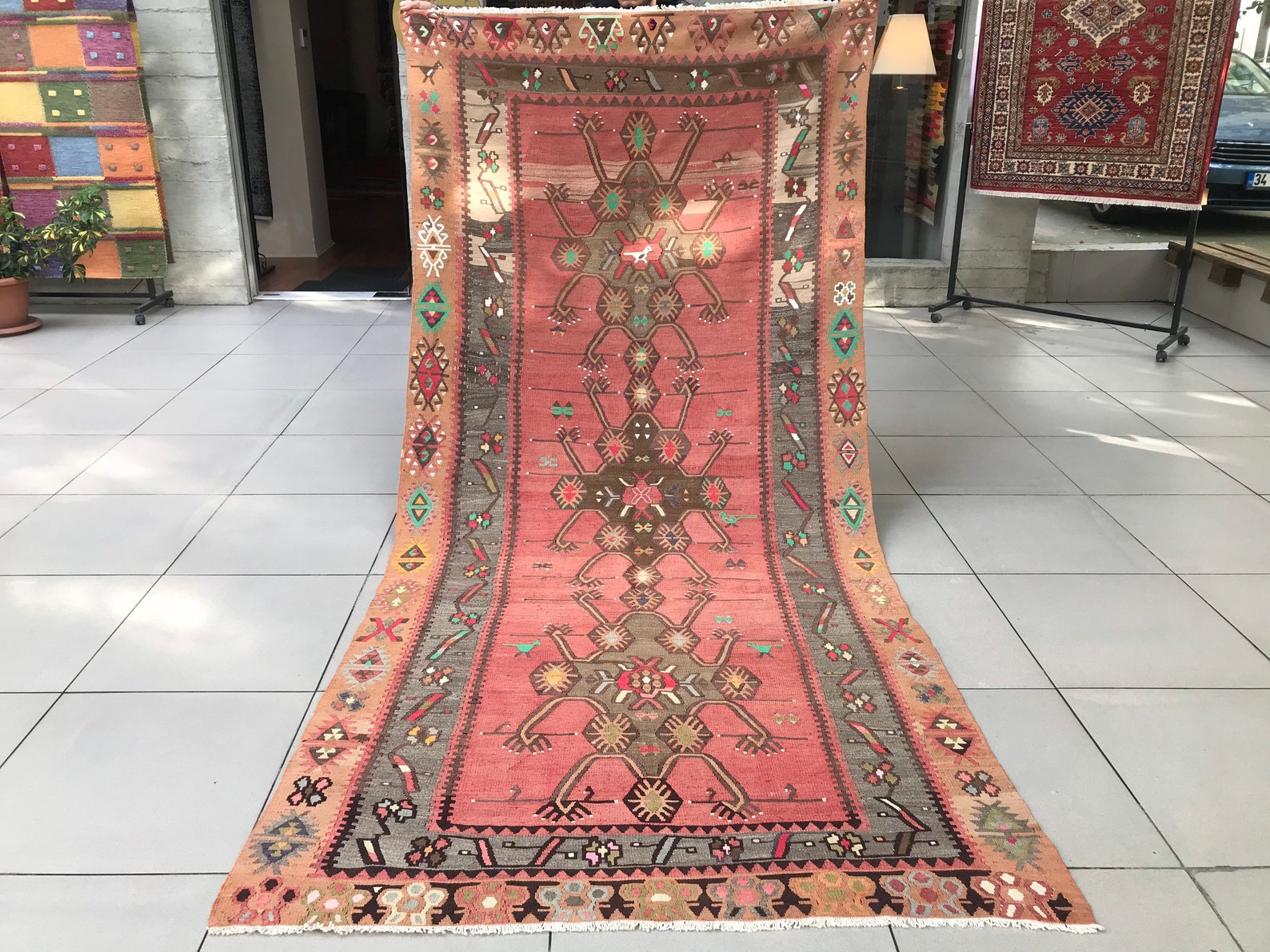 Antique Kilim Rug 5x11 1940s Coral Kilim Rug Large Etsy