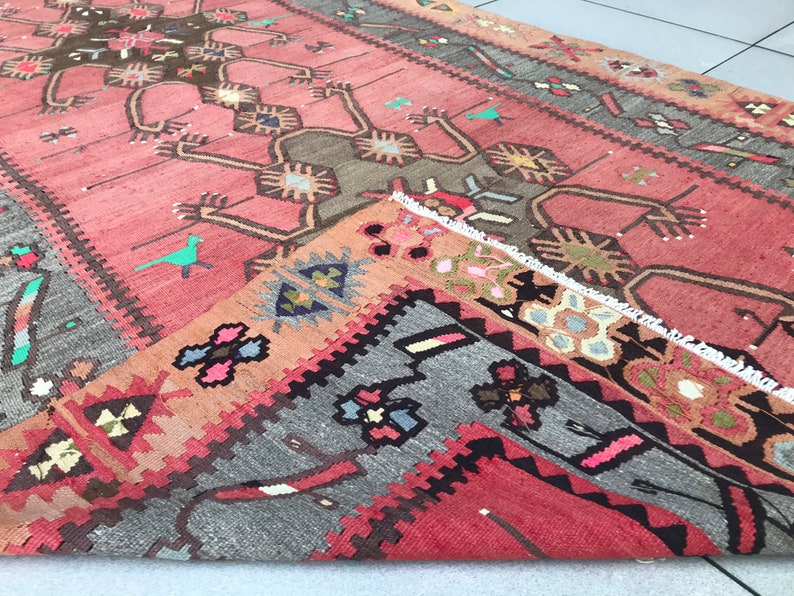 Antique Kilim Rug 5x11 1940s Coral Kilim Rug Large Etsy