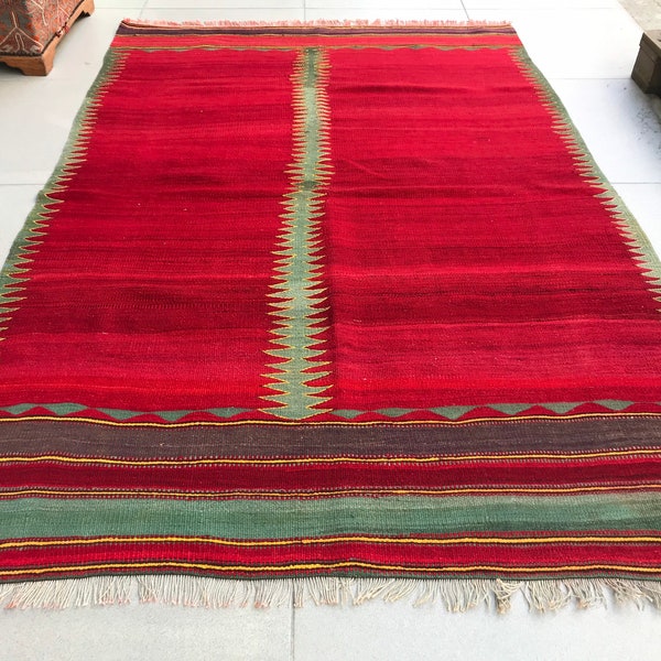 Red Turkish Kilim Rug | Vintage Tribal Handwoven Bodrum Kilim | 4.7x6.9ft 144x210cm bd045