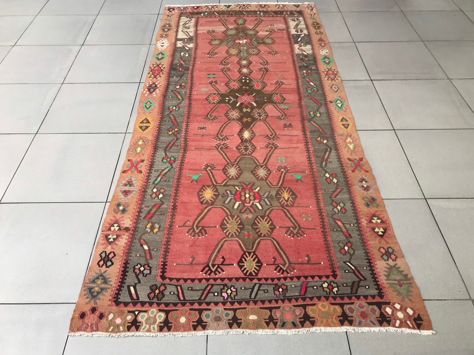 Antique Kilim Rug 5x11 1940s Coral Kilim Rug Large Etsy