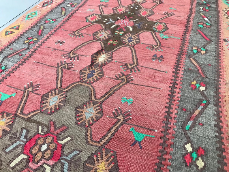 Antique Kilim Rug 5x11 1940s Coral Kilim Rug Large Etsy