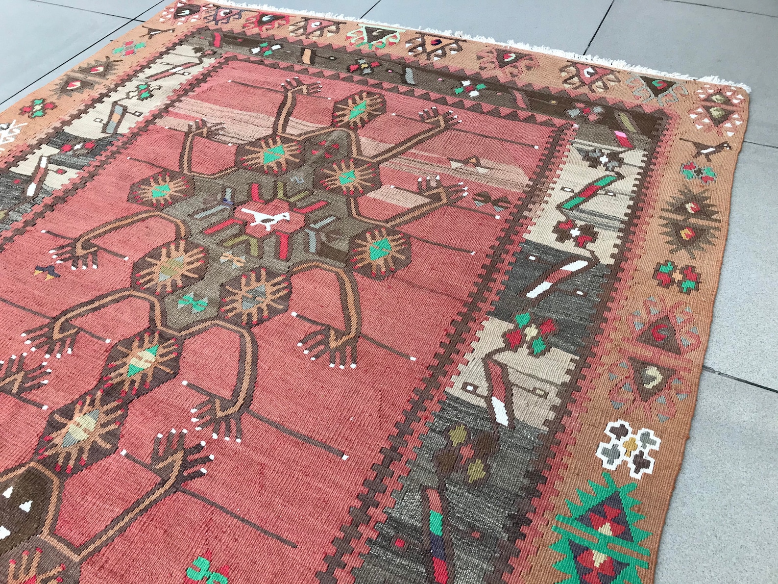 Antique Kilim Rug 5x11 1940s Coral Kilim Rug Large Etsy