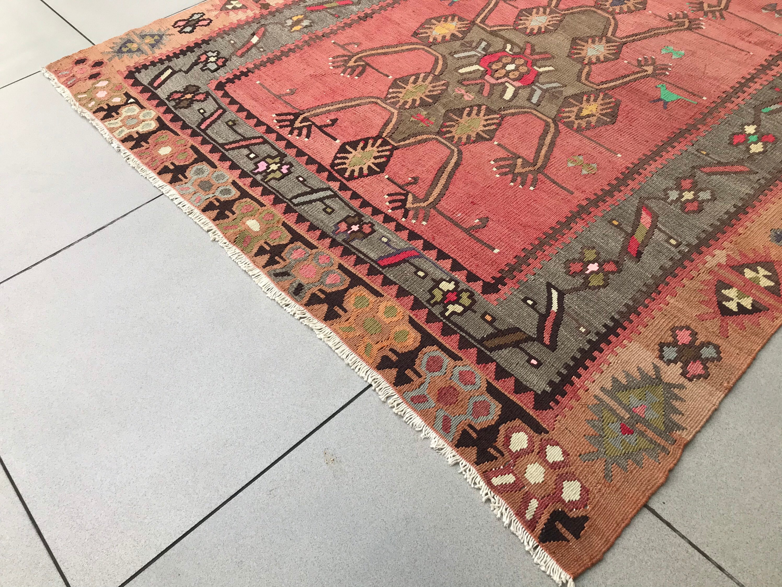 Antique Kilim Rug 5x11 1940s Coral Kilim Rug Large Etsy