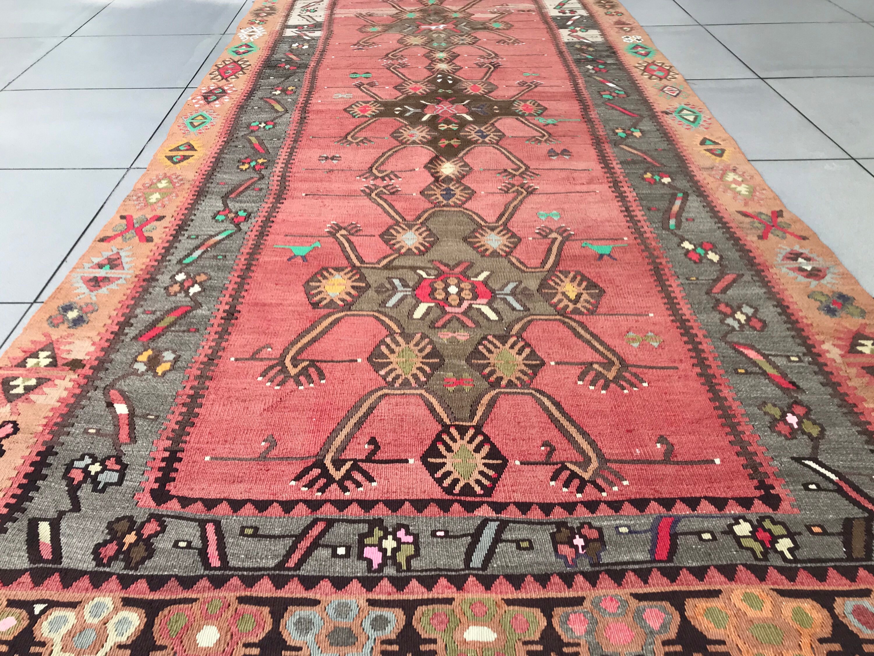 Antique Kilim Rug 5x11 1940s Coral Kilim Rug Large Etsy