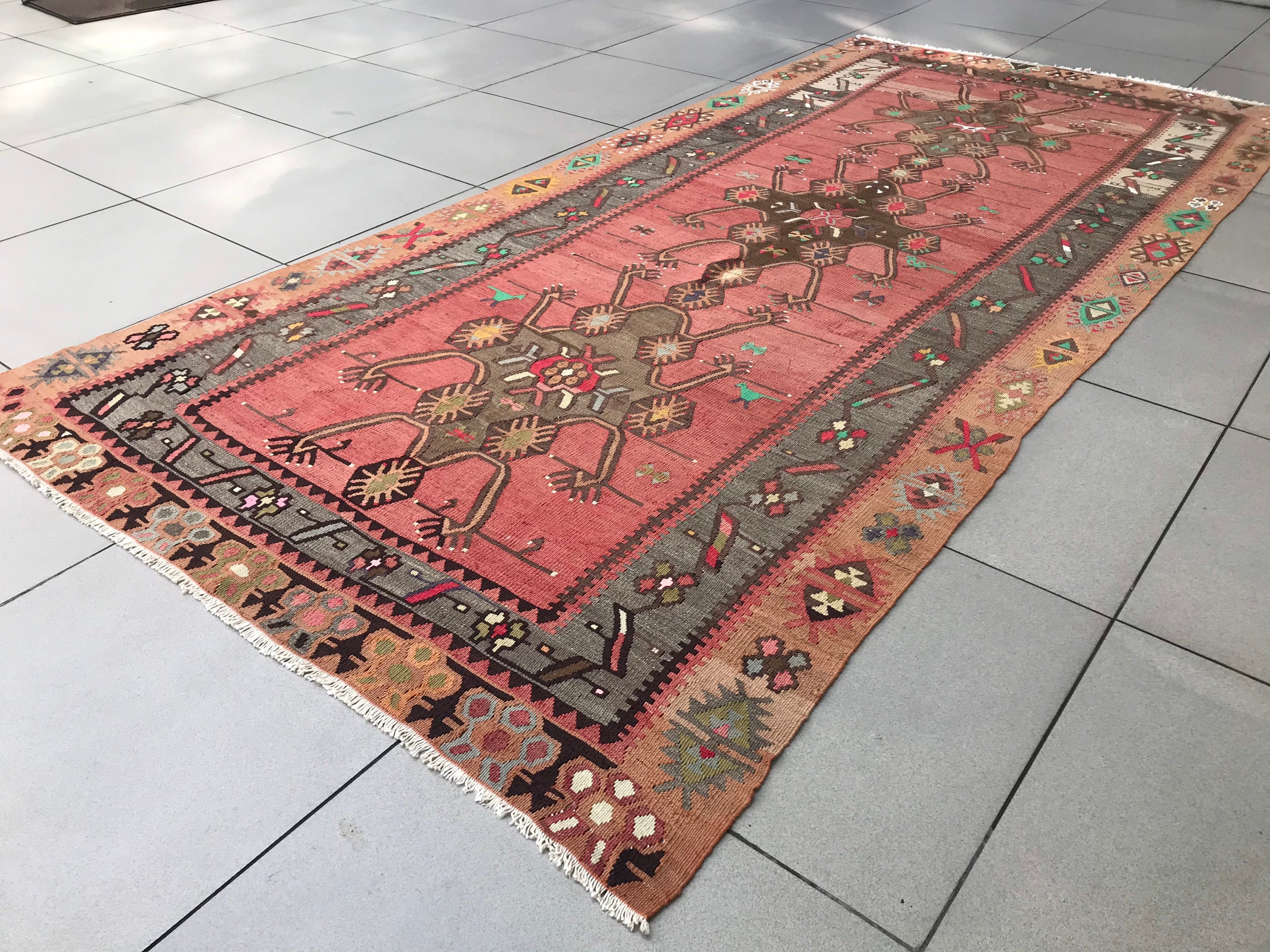 Antique Kilim Rug 5x11 1940s Coral Kilim Rug Large Etsy