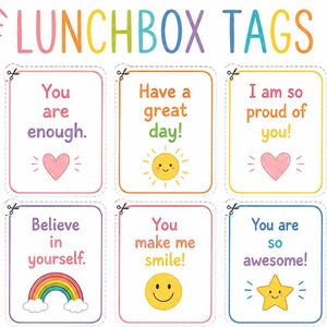 May include: A set of fifteen printable lunchbox tags featuring colorful borders and positive affirmations such as You are enough, Have a great day, and You can do hard things. Each rectangular tag includes a dashed cutting line and icons.