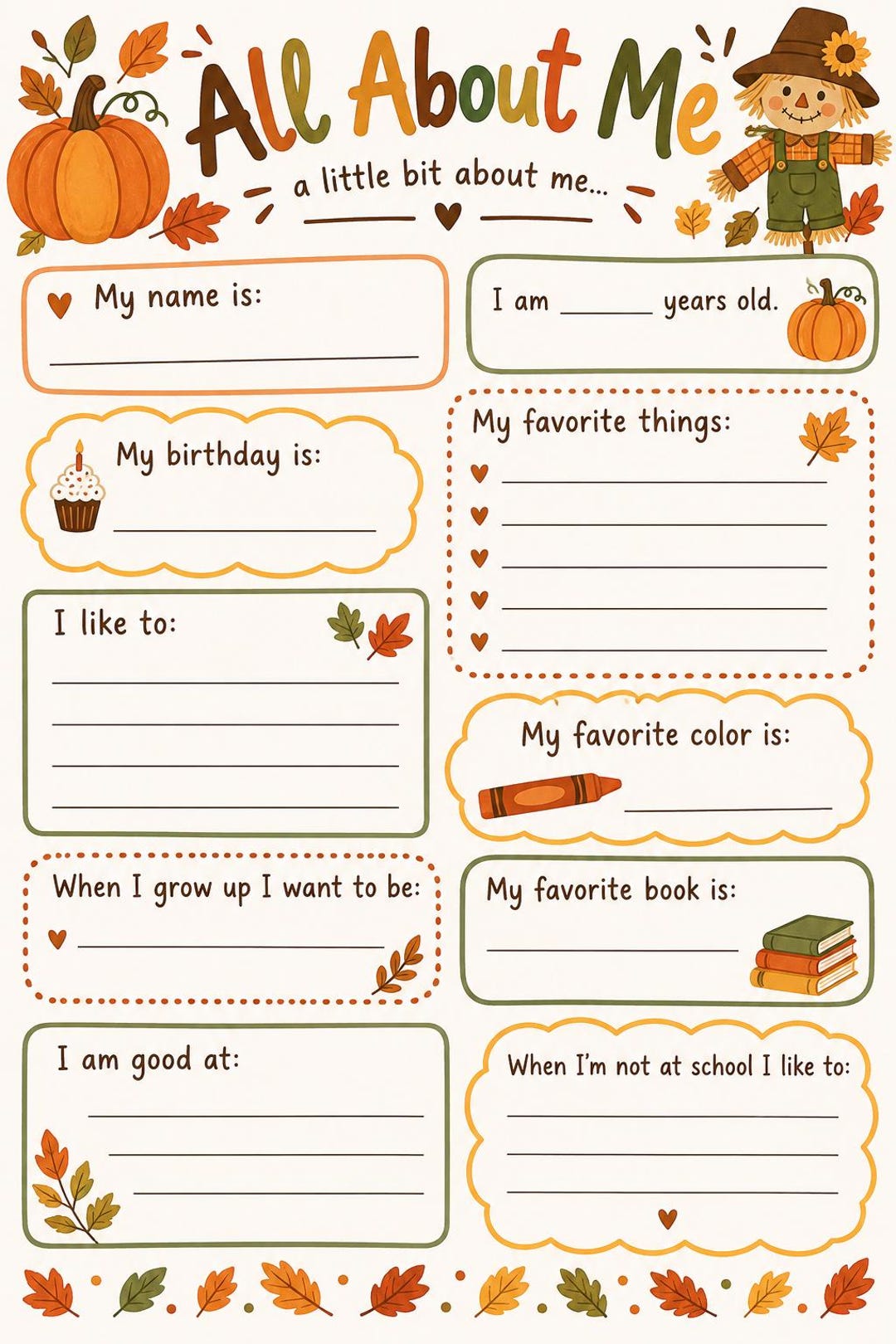 Fall All About Me Worksheet | Autumn Student Printable | Back to School ...