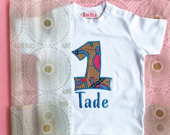 Personalised Birthday Number Kids Top - African Print Fabric, Embroidery Top, Baby Celebration Gift - Premium Organic White Cotton T-Shirt