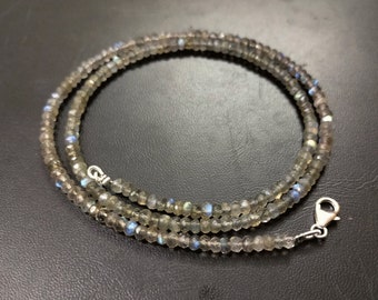 Labradorite Beads Necklace, Natural Labradorite 3mm Jewelry Necklace, Blue Fire Labradorite Beaded Rondelle Faceted Jewelry  Necklace