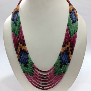Natural Multi Sapphire Gemstone Necklace, AAA Precious Multi Sapphire 3-4mm Rondelle Faceted Beads 7 Strand Jewelry Necklace