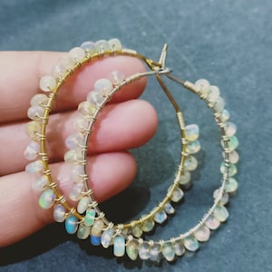 Opal Hoop Earrings, Amazing Genuine Ethiopian Opal Rondelle Earrings, Welo genuine Opal Loop Earrings, Natural Opal, little princess Jewelry