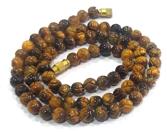 Tiger Eye Carved Pumpkin Beads Necklace, Smooth Tiger Eye Melon Necklace, Tiger Eye Gemstone Carved Beaded Jewelry Necklace