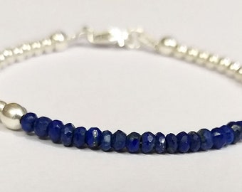 Lapis Lazuli & Sterling Silver Bracelet, Natural Lapis Gemstone Beads, Lapis Lazuli Silver Bracelet 7", Birthday Gift for her Bracelet