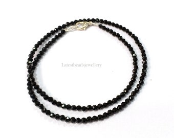 AAA Black Tourmaline Necklace, Natural Tourmaline Gemstone 3mm Rondelle Faceted Beads Necklace, Black Tourmaline Long Jewelry Necklace