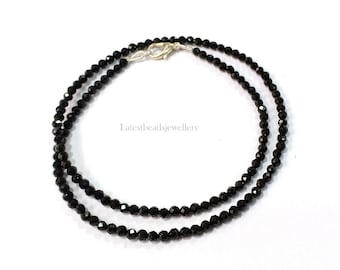 AAA Black Tourmaline Necklace, Natural Tourmaline Gemstone 3mm Rondelle Faceted Beads Necklace, Black Tourmaline Long Jewelry Necklace