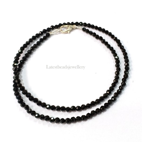 AAA Black Tourmaline Necklace, Natural Tourmaline Gemstone 3mm Rondelle Faceted Beads Necklace, Black Tourmaline Long Jewelry Necklace