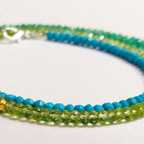 Turquoise, Peridot, Green Onyx Beads Necklace, Natural Stones Peridot & Turquoise, Lapis Lazuli 3-4mm Faceted Beads Jewelry Necklace