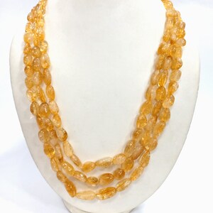3 Strand Citrine  Smooth Necklace, Natural Citrine Gemstone Fancy Necklace, Citrine Tumble Necklace, Citrine Jewelry Necklace Gift For Her