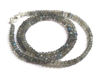 Natural Labradorite Beads Necklace, Blue Fire Labradorite 3- 4mm Jewelry Necklace, Labradorite Beaded Rondelle Faceted Jewelry  Necklace