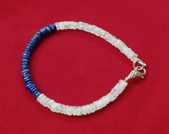 Lapis & Rainbow Moonstone Bracelet, Smooth Rondelle Rainbow Jewelry Bracelet, Natural Moonstone and Lapis 4-5mm Beaded Jewelry Bracelet