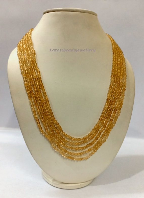 Finest Citrine Necklace, Natural Citrine Gemstone 4-5mm Plain Round Beads Necklace, Citrine 5 Strand Beads Jewelry Necklace