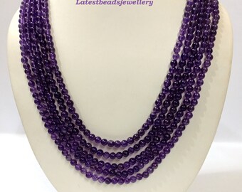 Natural Amethyst Necklace, Amethyst Gemstone 5mm Plain Round Beads Necklace, Handmade Amethyst 5 Strand Beaded Jewelry Necklace