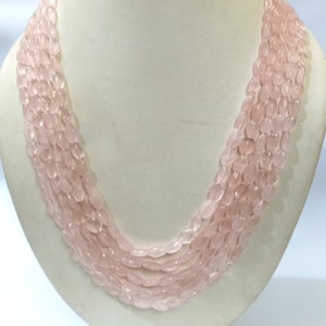 Natural Rose Quartz Necklace, Rose Quartz Smooth Oval Shape Necklace, Handmade Rose Quartz 5 Strand Beaded Jewelry Long Necklace