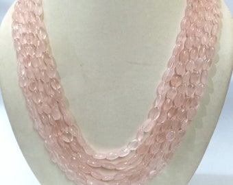 Natural Rose Quartz Necklace, Rose Quartz Smooth Oval Shape Necklace, Handmade Rose Quartz 5 Strand Beaded Jewelry Long Necklace