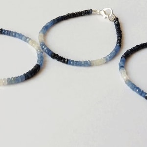 Blue Sapphire Bracelet [Set of 3], Faceted Dainty Shaded Blue Sapphire Bracelet, Beaded Tiny Bracelet, Blue Sapphire 3-4mm Jewelry Bracelet