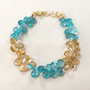 Briolette Sky Apatite & Citrine Bracelet, Citrine Bracelet, Apatite Pear Briolette Natural Gemstone Jewelry Bracelet