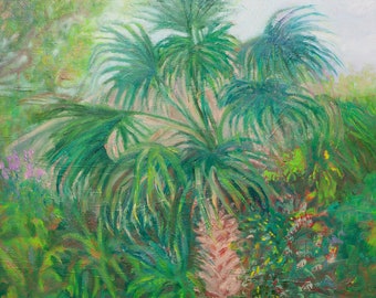 My back yard Palm tree. Landscape with a palm tree. Original oil painting on canvas. Wall oil painting on canvas.