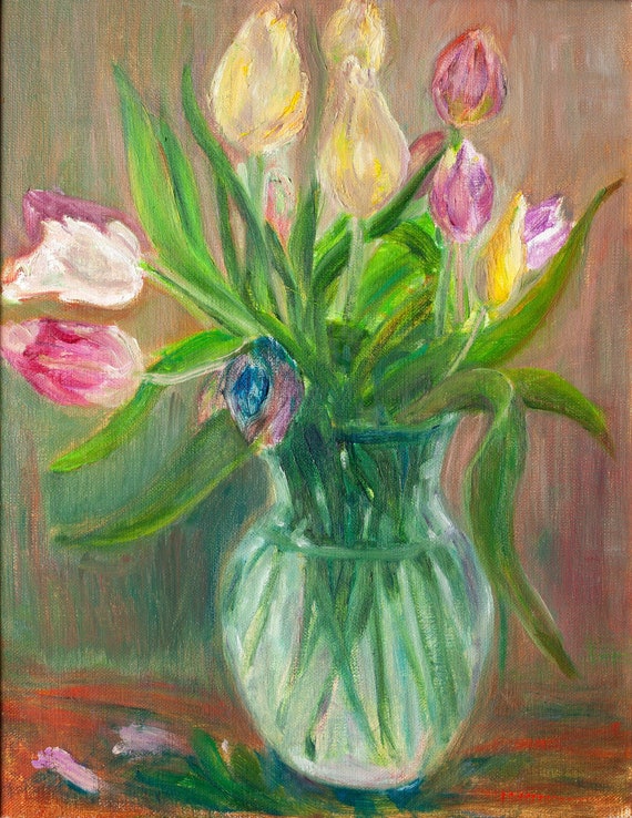 Tulips in a Glass Vase Still Life Original Oil Painting - Etsy