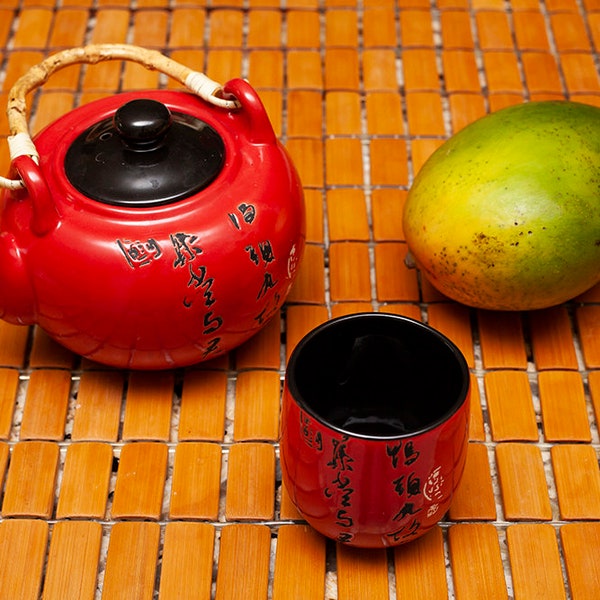 Mango And A Red Teapot Still Life Color Photo Digital Photo