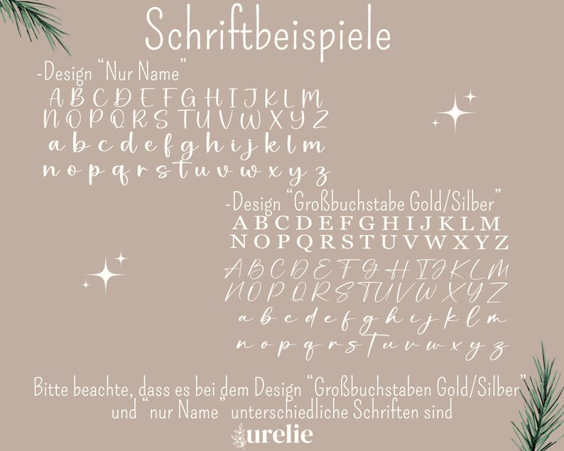 Pu&ograve; includere: Uno sfondo beige mostra esempi di caratteri bianchi. Il testo include "Schriftbeispiele" e design di caratteri etichettati "Nur Name" e "Gro&szlig;buchstabe Gold/Silber". Elementi decorativi includono stelle e vegetazione.