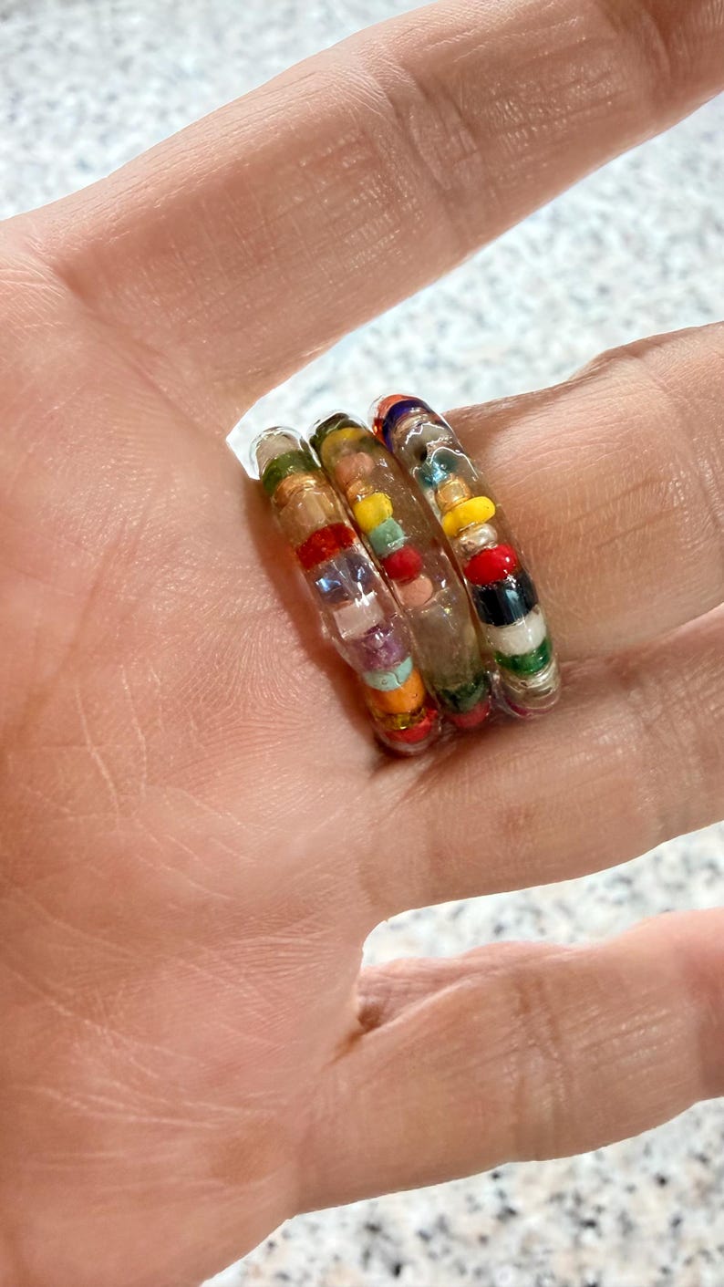 Set of 3 Fun Colorful Stackable Handmade Acrylic and Glass Bead Rings ...