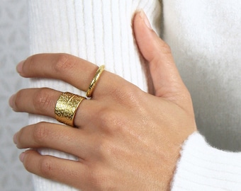 Wide gold band ring Gold boho ring Gold cigar band ring Statement ring Leaf ring Open adjustable ring Sterling silver Gold vermeil ring