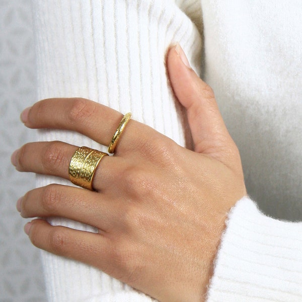 Wide gold band ring Gold boho ring Gold cigar band ring Statement ring Leaf ring Open adjustable ring Sterling silver Gold vermeil ring