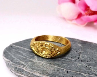 Gold evil eye ring for women Gold Evil eye signet ring Dainty evil eye charm ring Evil eye jewelry Minimalist evil eye ring  Gold vermeil