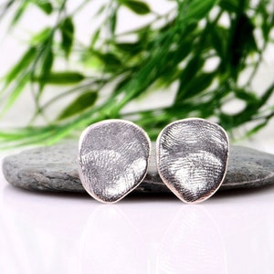 Organic minimalist silver earrings Oval silver fingerprint studs Irregular silver earrings Asymmetric silver drop studs Sterling silver image 2