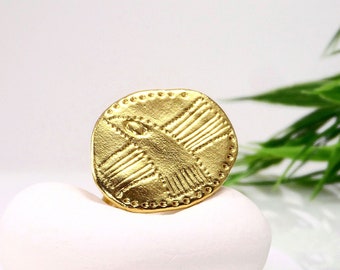 Gold bird ring Ethnic statement ring Nature theme ring Bird design ring Flying bird ring Bird jewelry Handmade gold vermeil ring