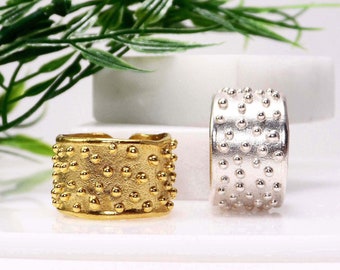 Wide sterling silver band ring Silver cigar band Wide beaded silver band for women Dotted band ring Statement ring Open adjustable ring